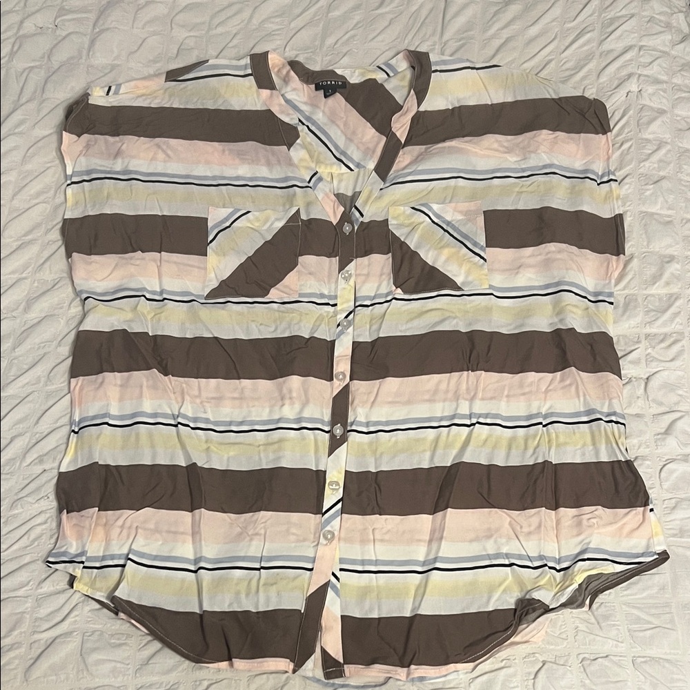 Torrid Brown and Pink Striped Button-Down Shirt